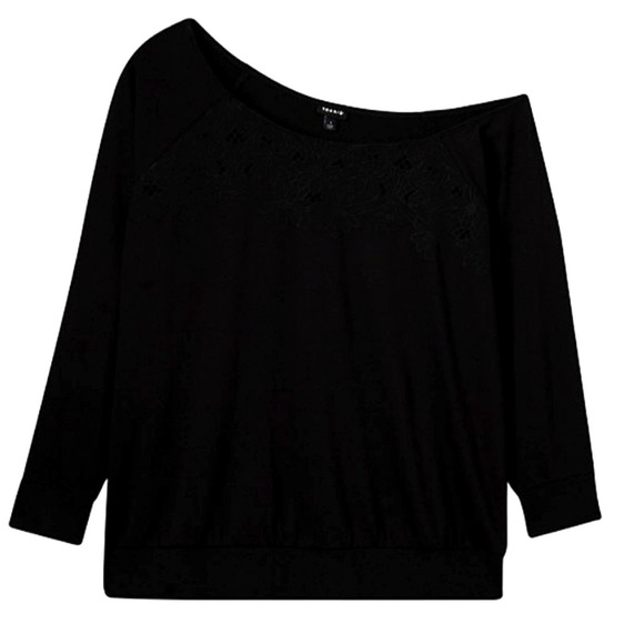 TORRID OFF SHOULDER EMBROIDERED SWEATSHIRT - FRENCH TERRY BLACK - Picture 5 of 6